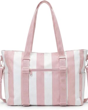 Large Pink and White Striped Canvas Beach Tote Bag