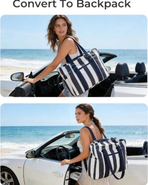 Alternative view of Large Pink and White Striped Canvas Beach Tote Bag