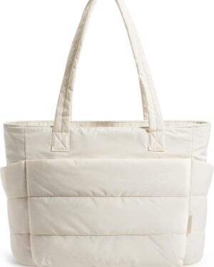 Cream Quilted Puffy Shoulder Tote Bag