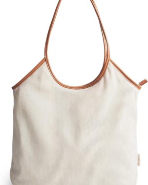 Cream Corduroy Shoulder Tote Bag with Brown Trim