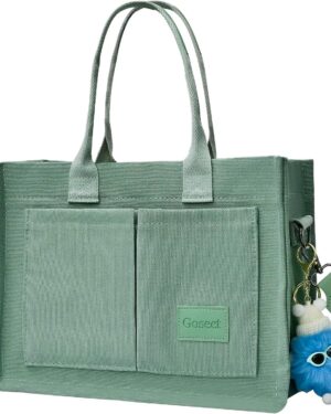 Mint Green Canvas Tote Bag With Front Pockets And Shoulder Strap